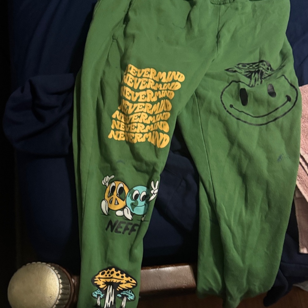 Neff Green Sweatpants with Yellow and Black Graphics